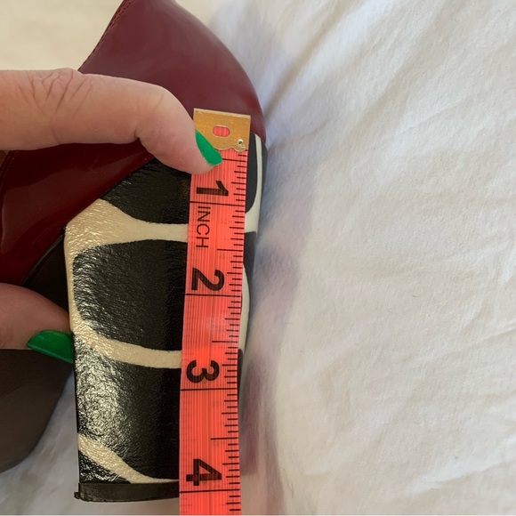 Naughty Monkey red patent and cow print asymmetric heels open toes buckle strap - Picture 9 of 16